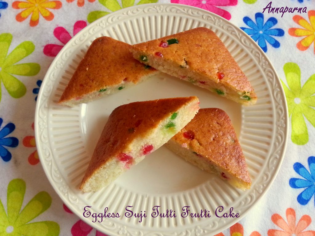 Eggless Suji Tutti Frutti Cake Recipe