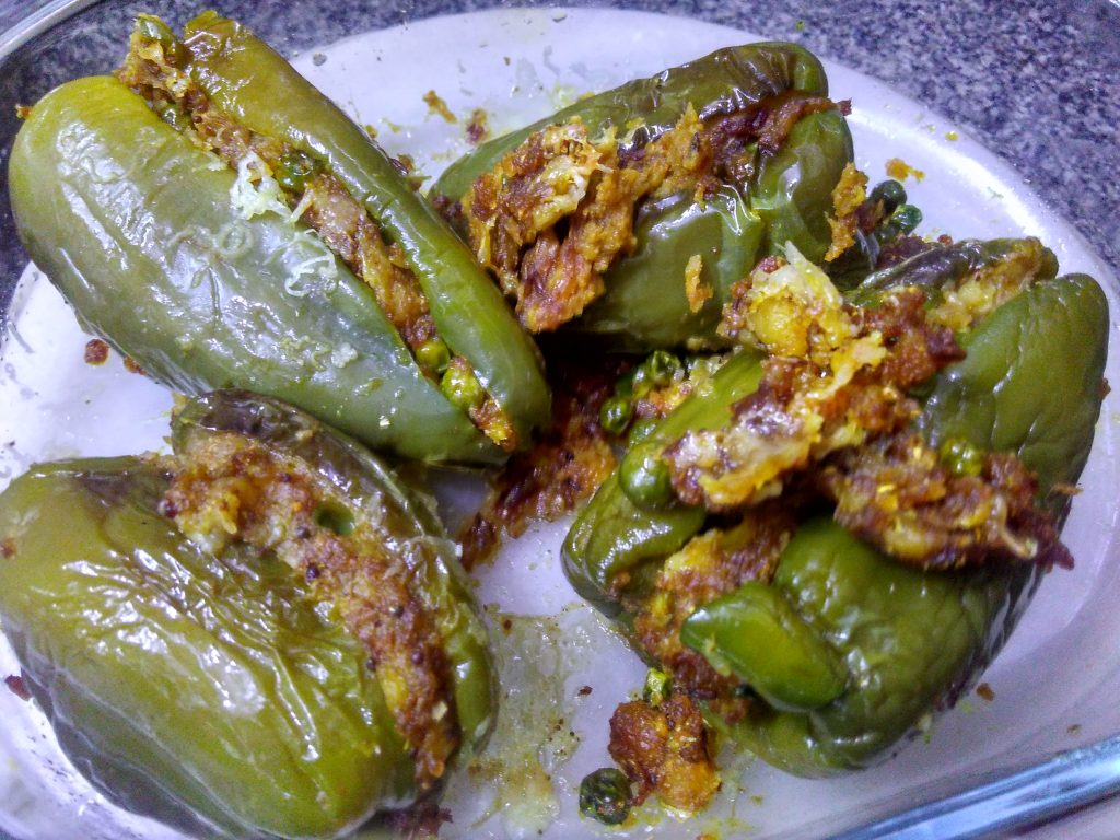 Bharwa Mirch - Potato Peas Stuffed Capsicum Recipe