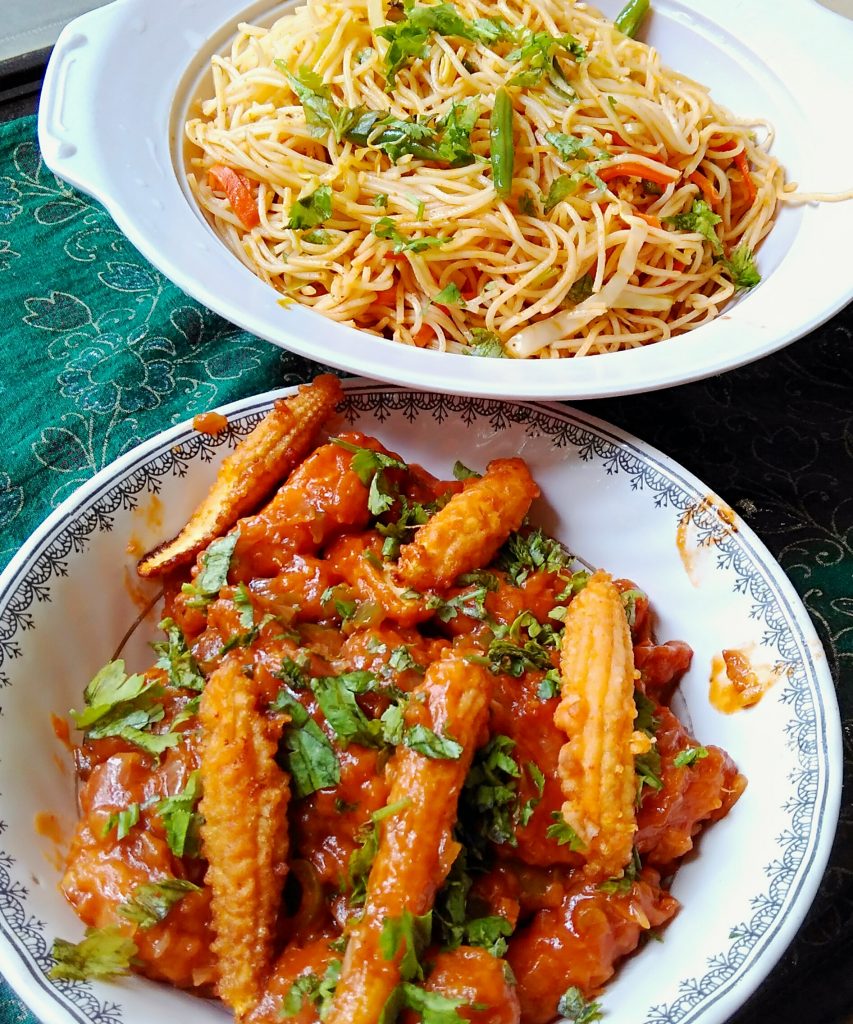 Baby Corn Manchurian With Veg Noodles Recipe