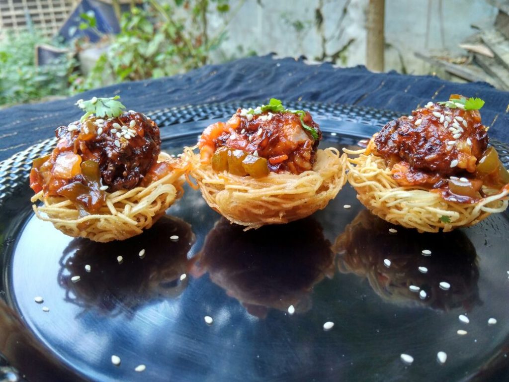 Manchurian In Noodles Nest Recipe