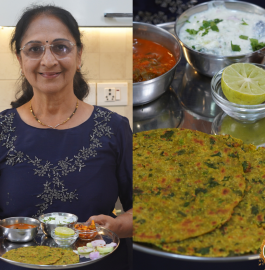 Green Peas Thepla With Palak Sabji And Raita Recipe